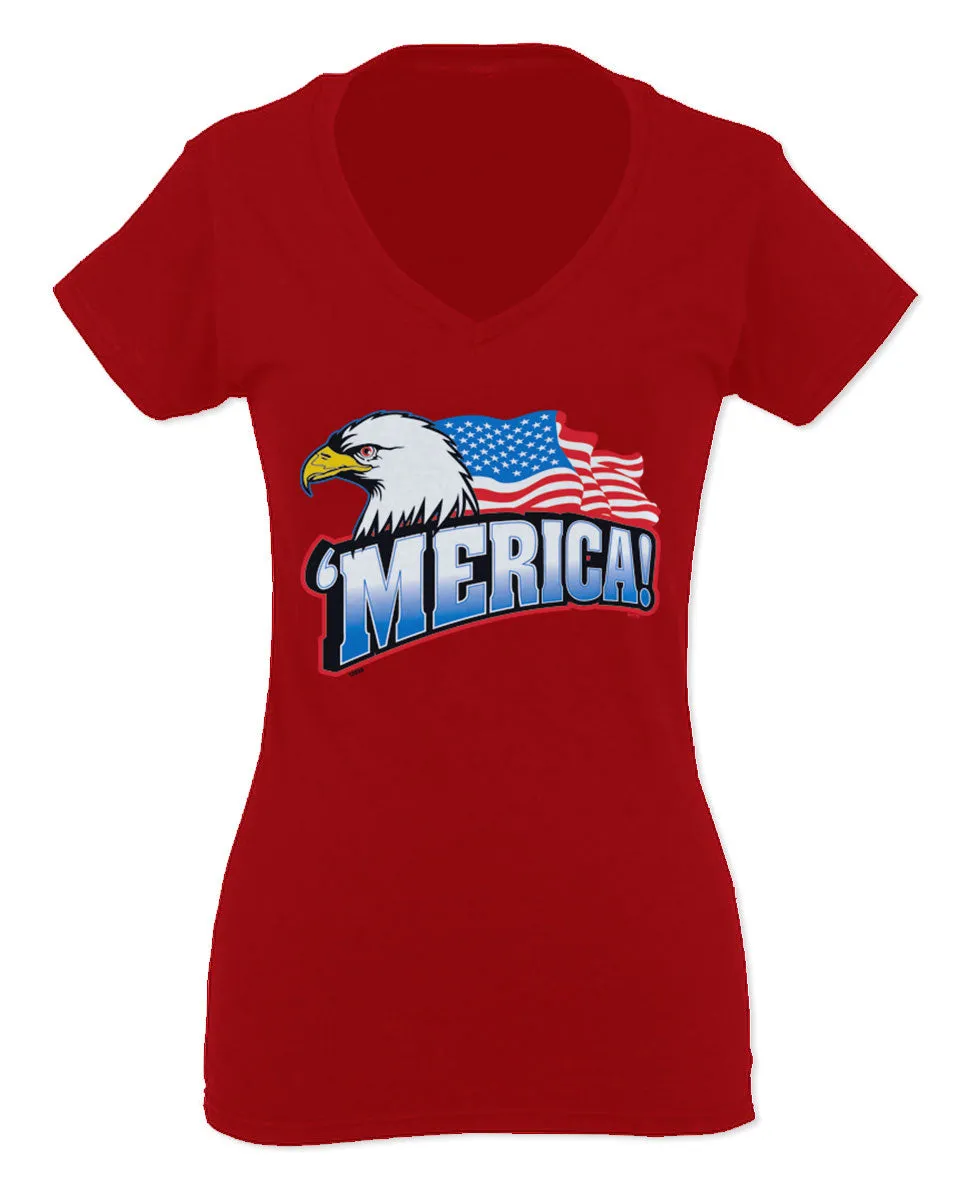 Merica Eagle USA American Flag United States America For Women V neck fitted T Shirt