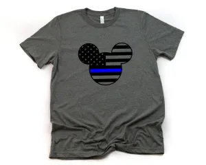 Mickey Police Officer Blue Line Adult Unisex T shirt - Blue Stripe Flag - Mickey Mouse T Shirt