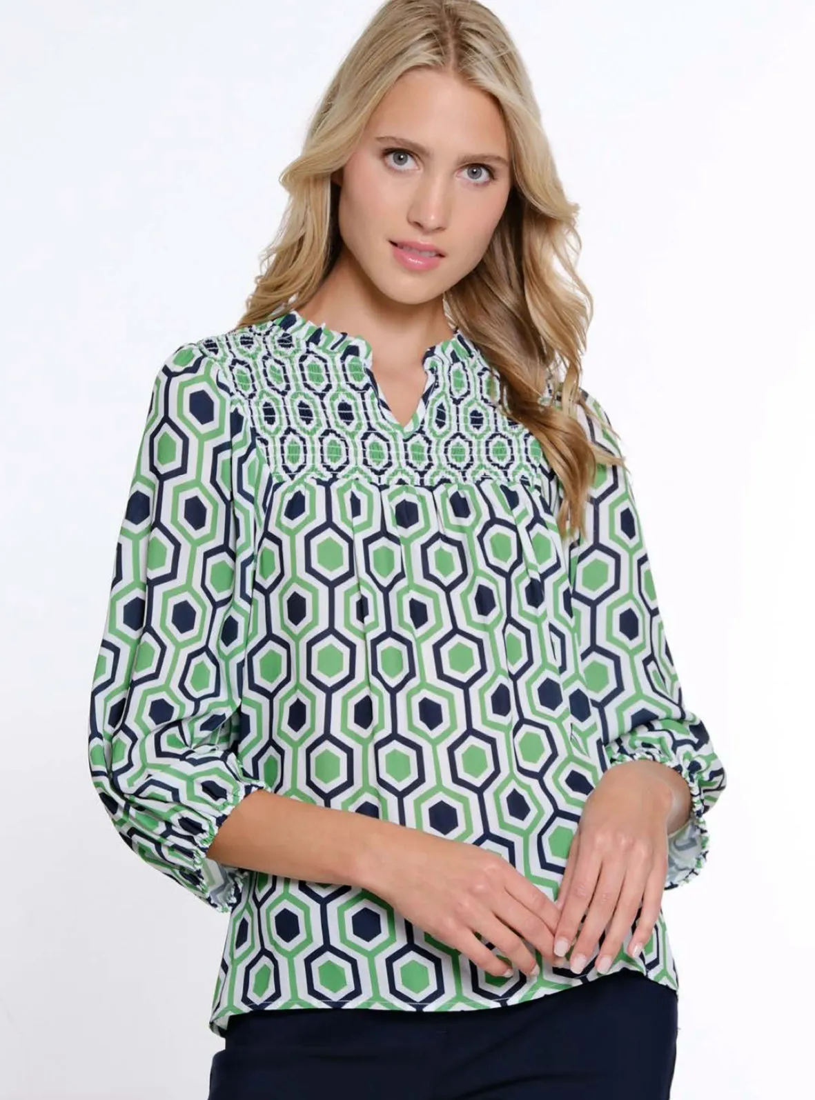 Multiples: 3/4 Puff Sleeve Ruffle Neck Shirred Front Top in Multi M15501TM