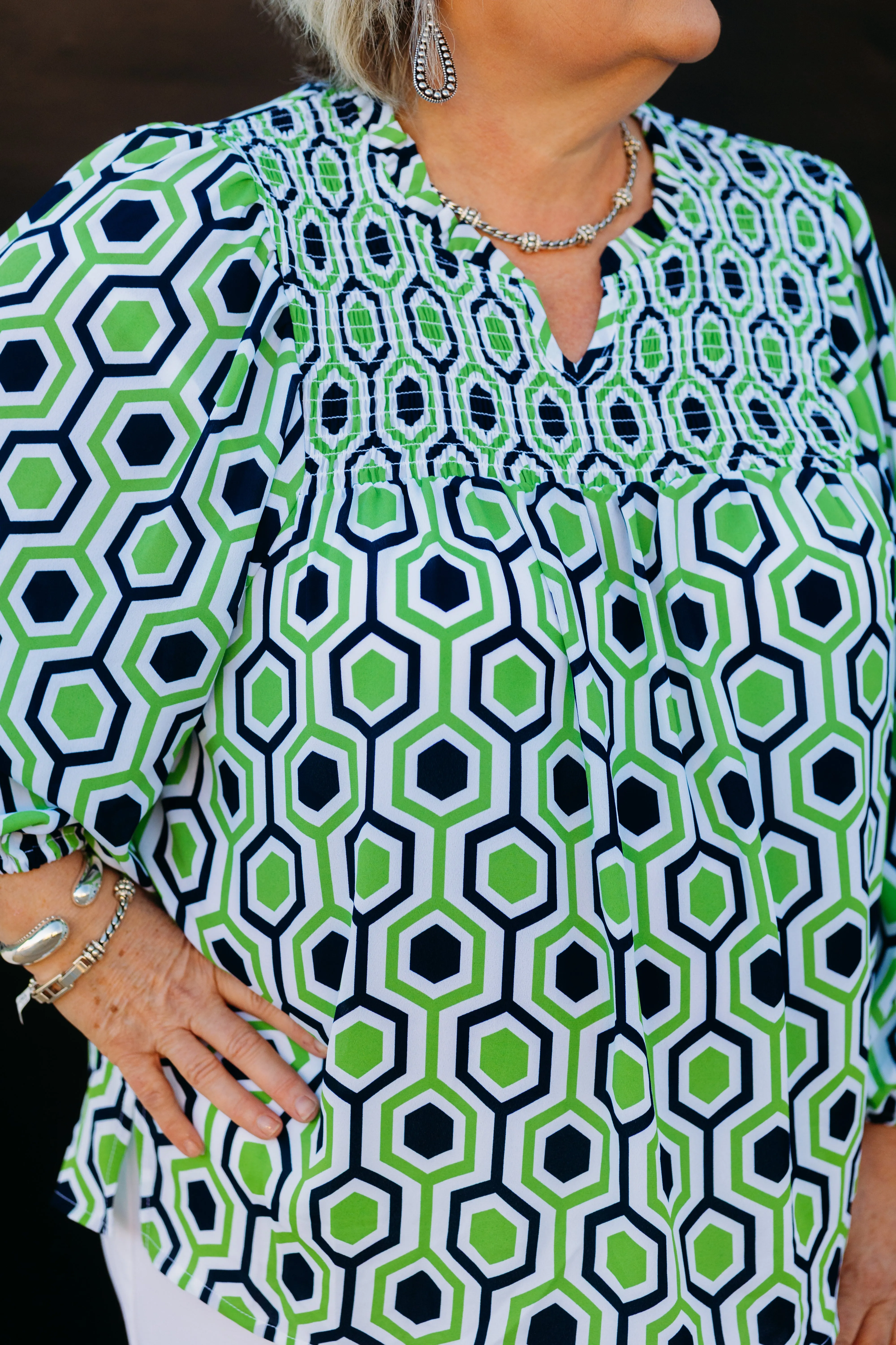 Multiples: 3/4 Puff Sleeve Ruffle Neck Shirred Front Top in Multi M15501TM