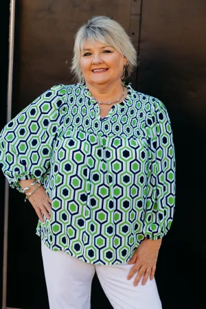 Multiples: 3/4 Puff Sleeve Ruffle Neck Shirred Front Top in Multi M15501TM