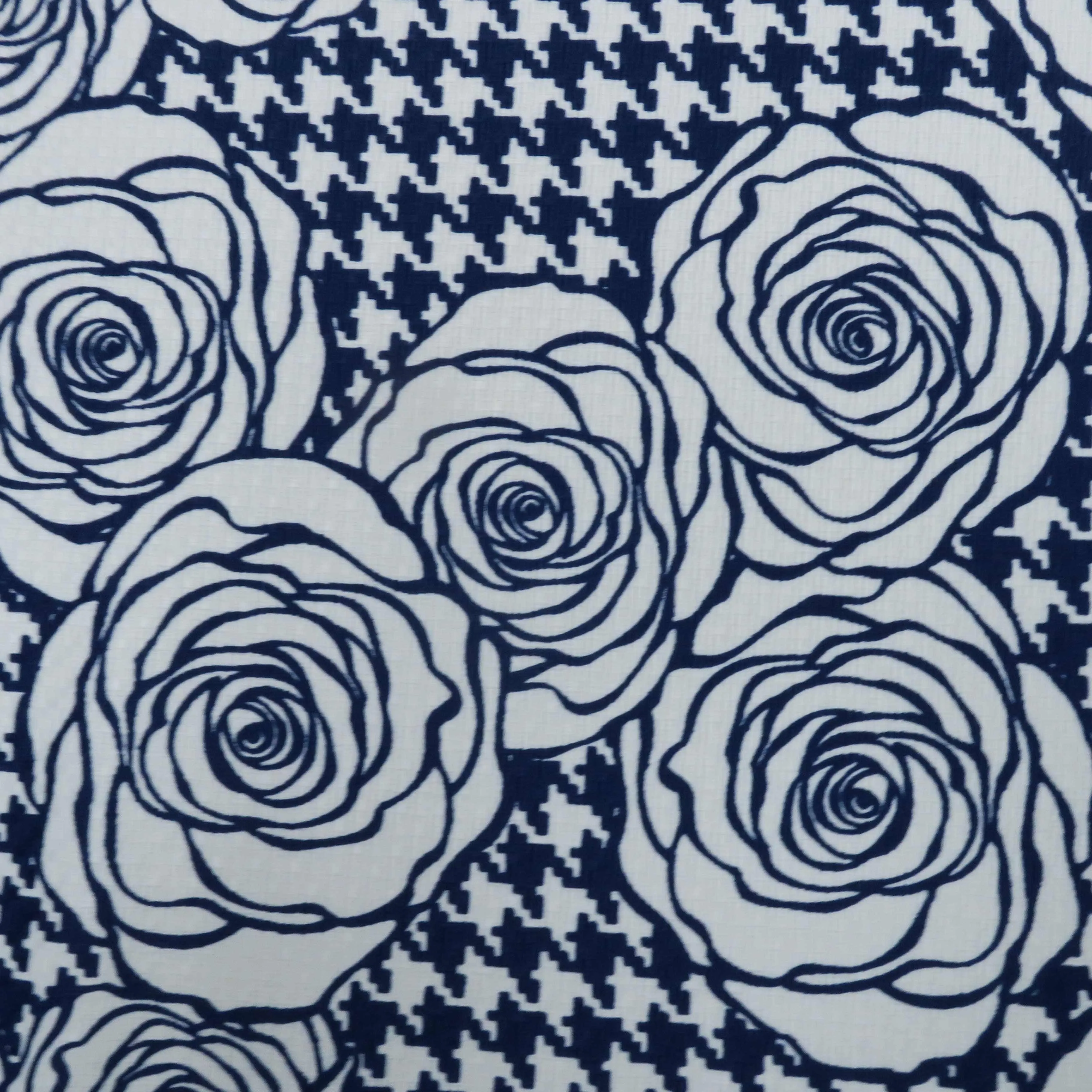 Navy Floral on Houndstooth Printed Polyester Crepe
