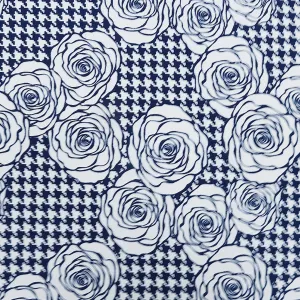 Navy Floral on Houndstooth Printed Polyester Crepe