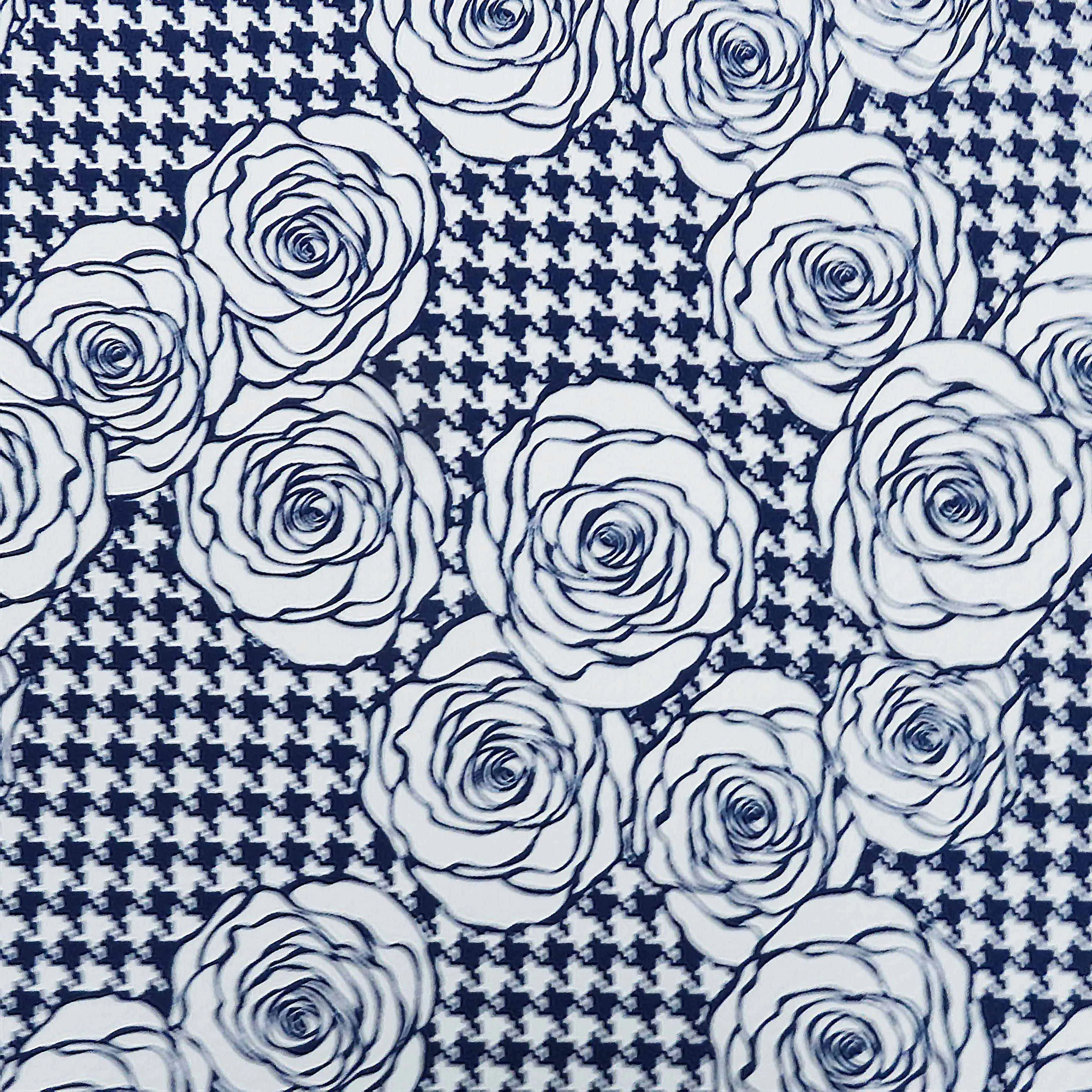 Navy Floral on Houndstooth Printed Polyester Crepe