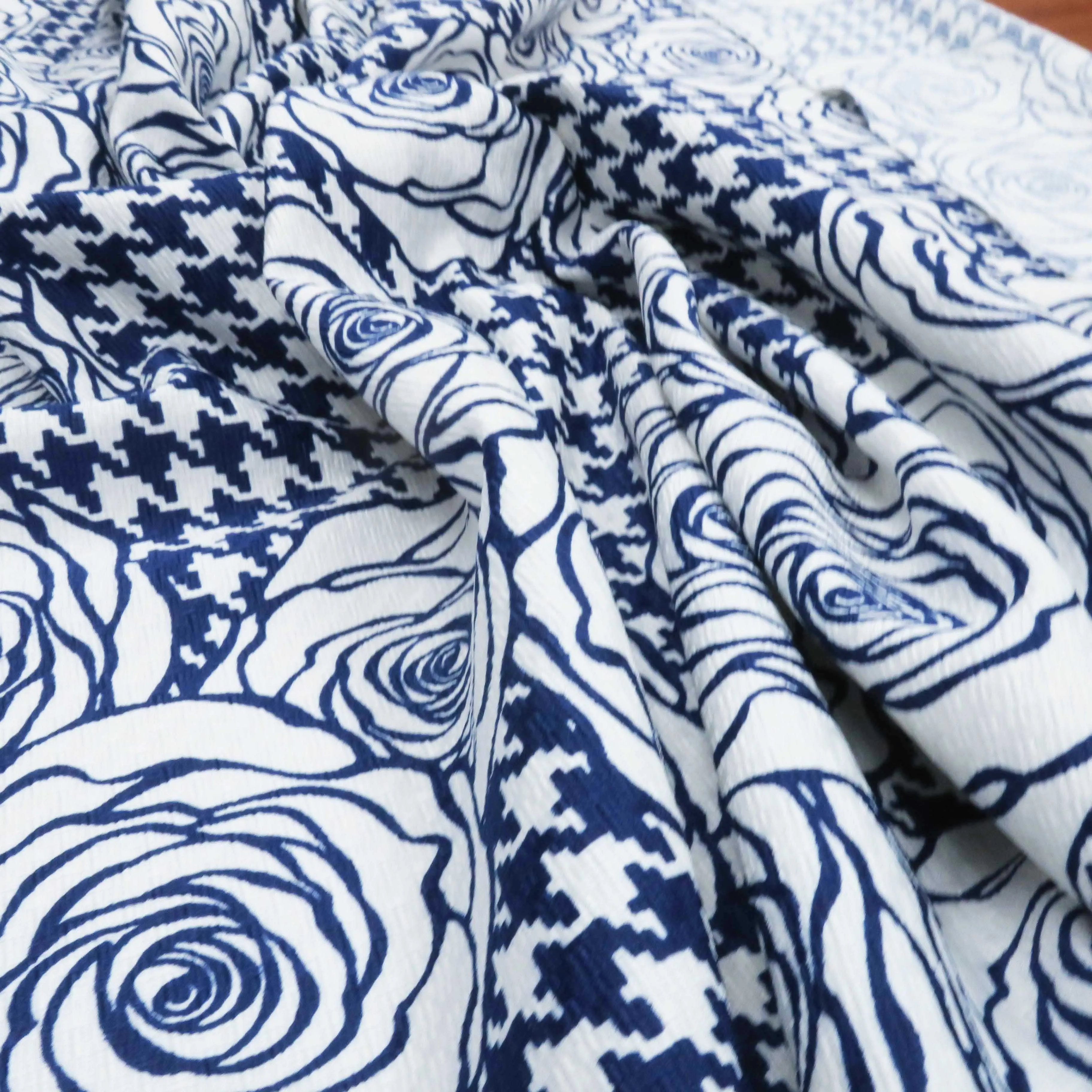 Navy Floral on Houndstooth Printed Polyester Crepe