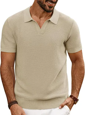 PJ PAUL JONES Mens Polo Shirts Short Sleeve Casual V Neck Ribbed Textured Knit Polo Shirt