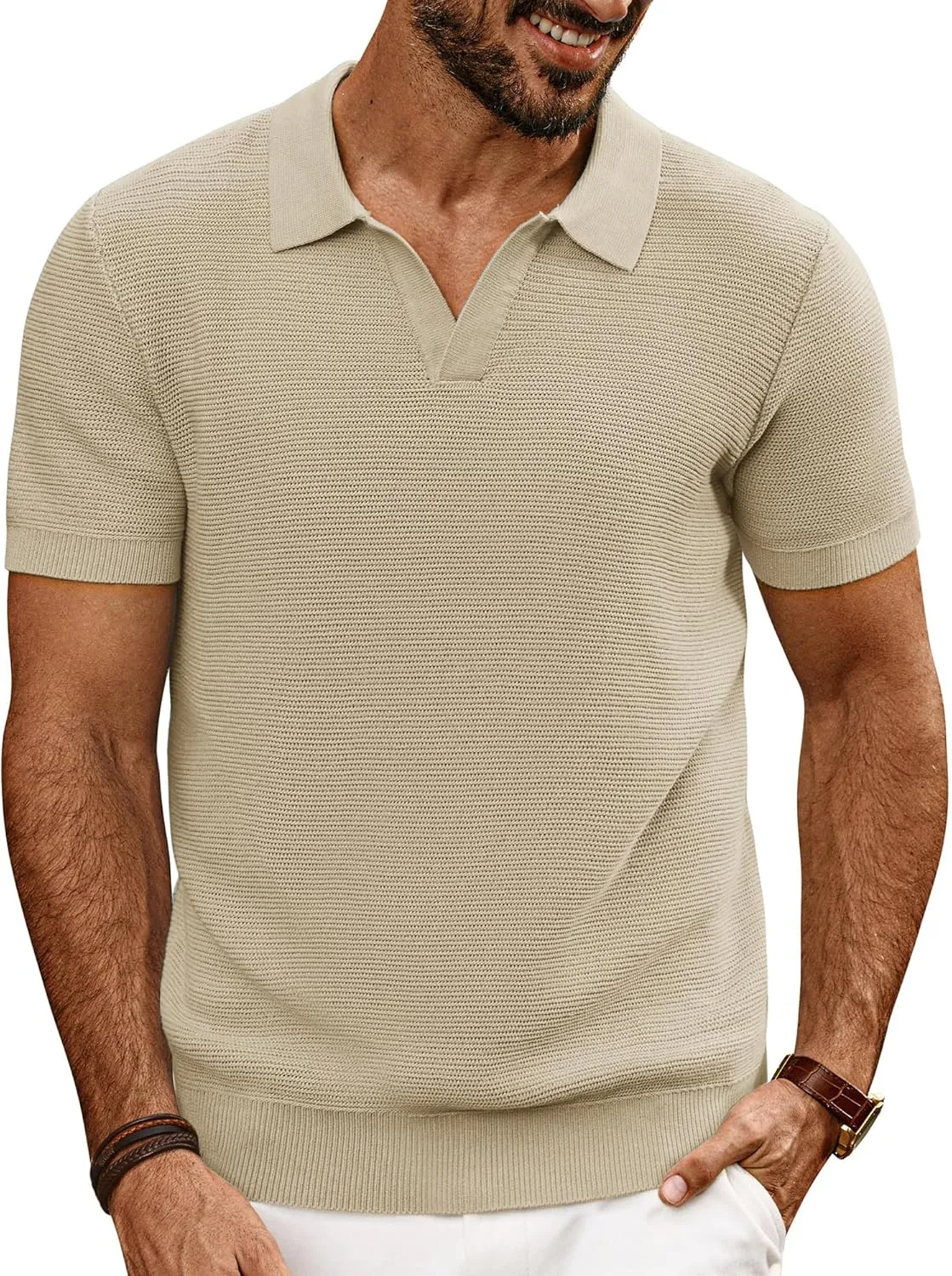 PJ PAUL JONES Mens Polo Shirts Short Sleeve Casual V Neck Ribbed Textured Knit Polo Shirt