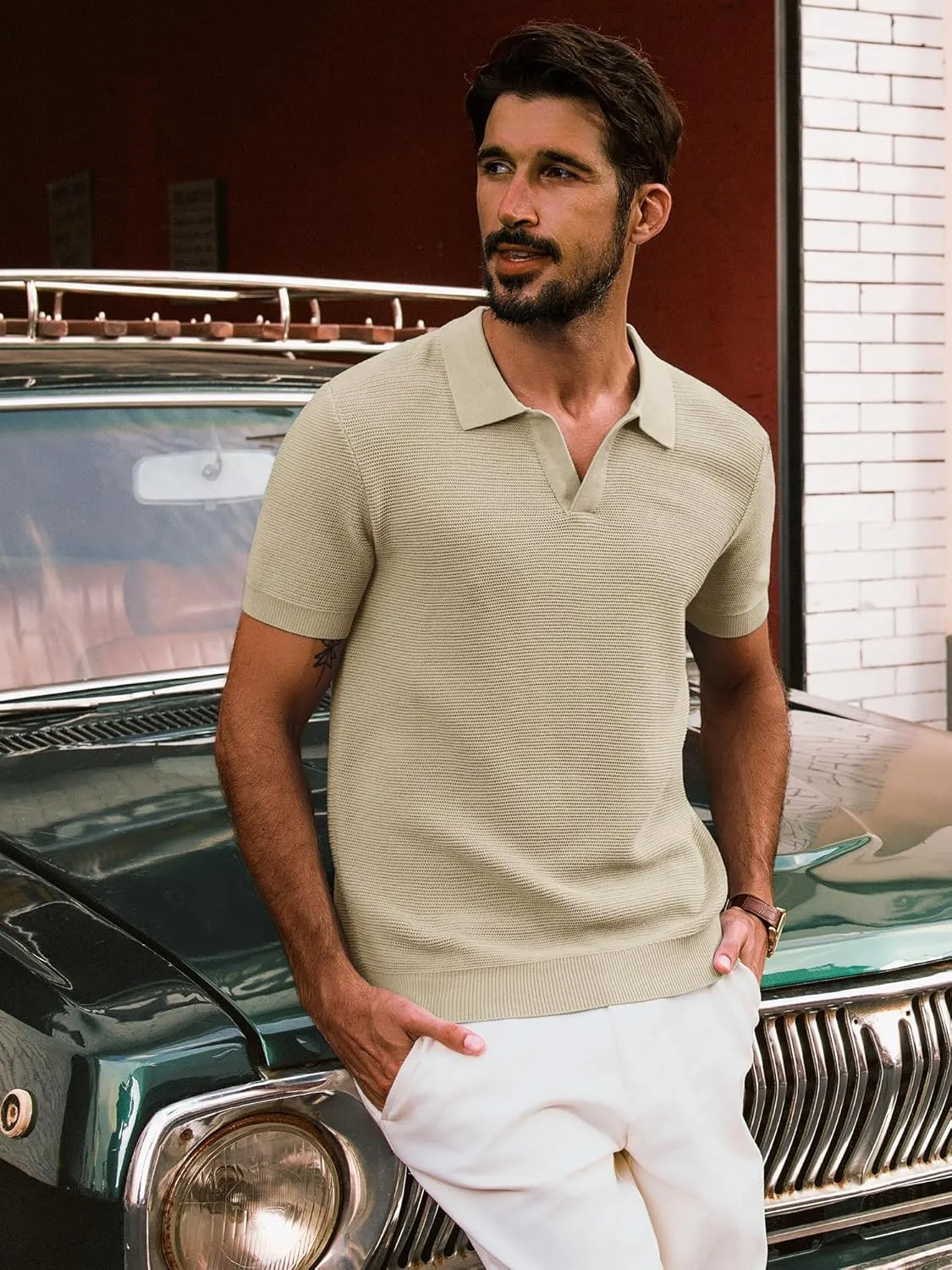 PJ PAUL JONES Mens Polo Shirts Short Sleeve Casual V Neck Ribbed Textured Knit Polo Shirt