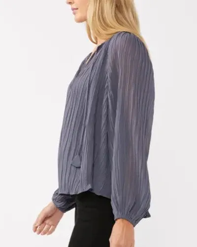 Pleated Split Neck Blouse - Slate Blue - FINAL SALE