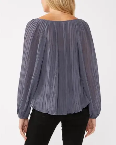 Pleated Split Neck Blouse - Slate Blue - FINAL SALE