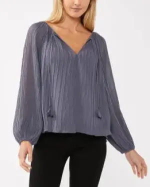 Pleated Split Neck Blouse - Slate Blue - FINAL SALE