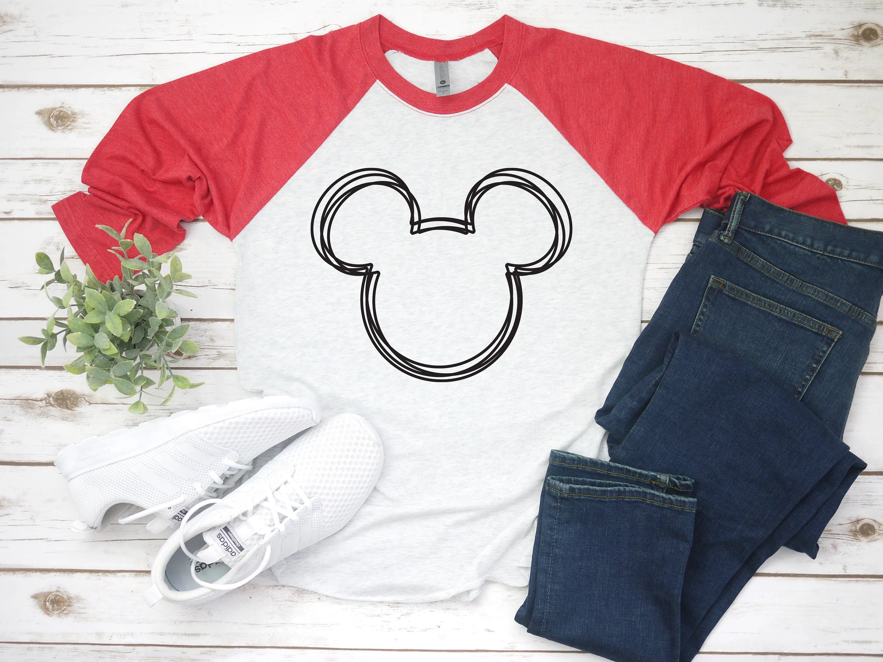 Scribble Mickey Mouse - 3/4 sleeve Unisex Raglan T Shirt - Hand drawn Sketch Outline - Disney Shirts