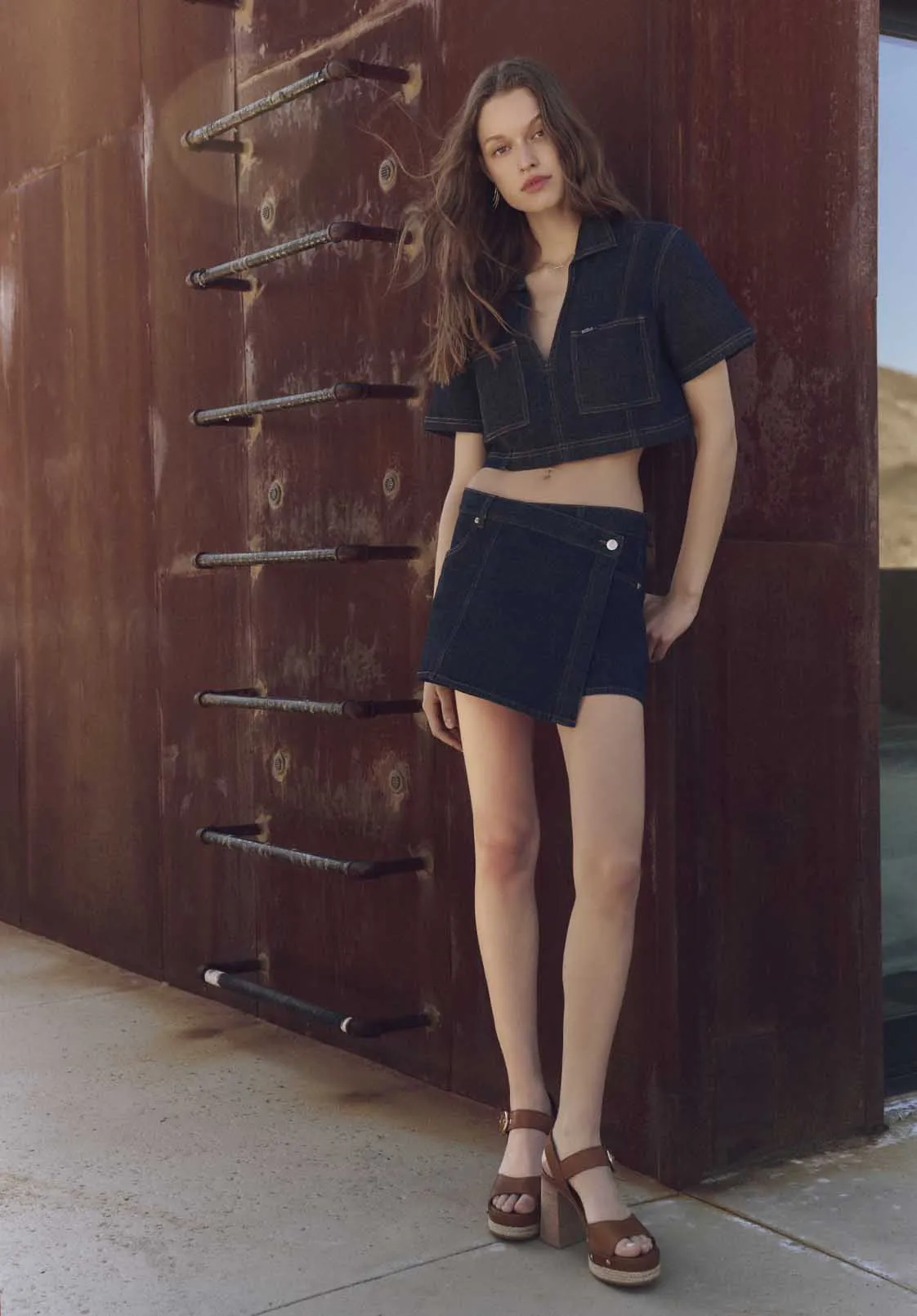 Selena Women's Denim Cropped Top with Patch Pockets, Indigo - BL16016