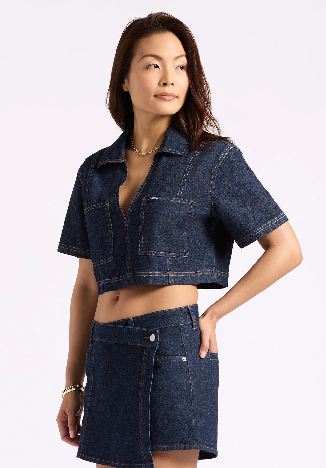 Selena Women's Denim Cropped Top with Patch Pockets, Indigo - BL16016