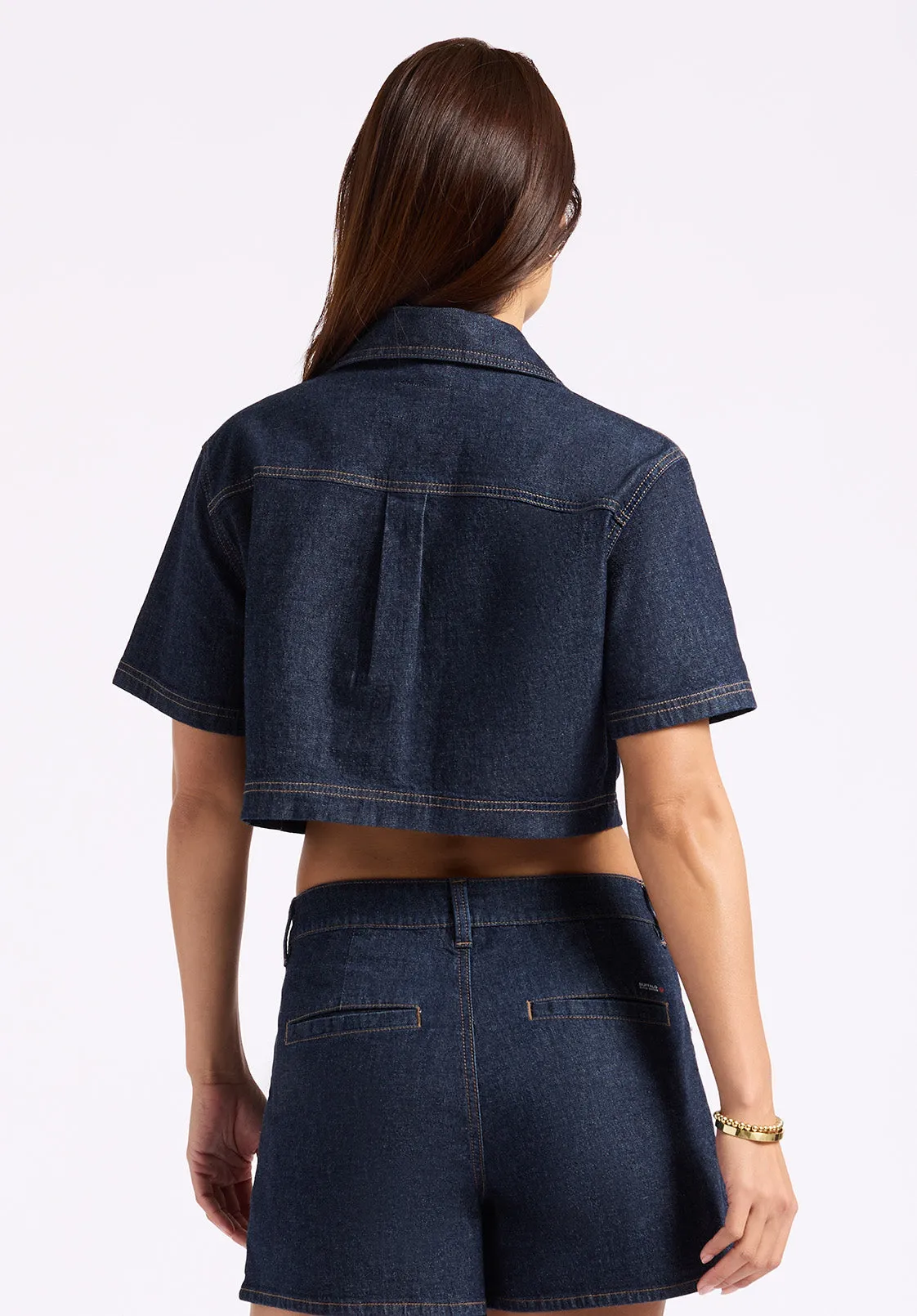 Selena Women's Denim Cropped Top with Patch Pockets, Indigo - BL16016