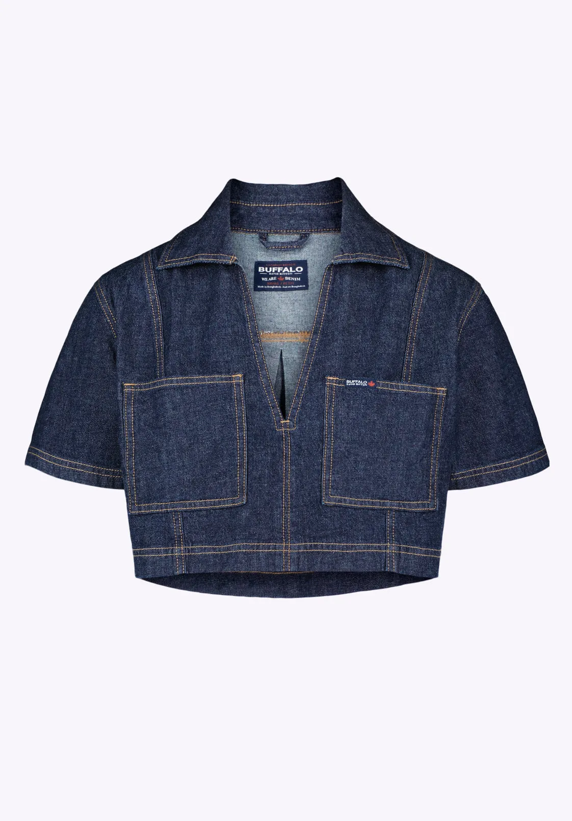 Selena Women's Denim Cropped Top with Patch Pockets, Indigo - BL16016
