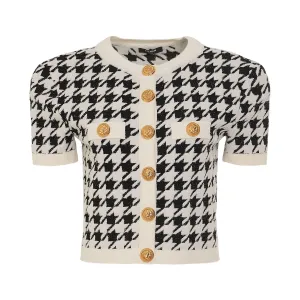 Short Sleeve Houndstooth Buttoned Tweed Cardigan in Egg Shell