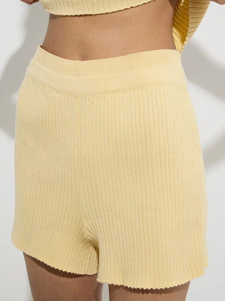 Superstar Yellow Ribbed High-Rise Cotton-Blend Shorts