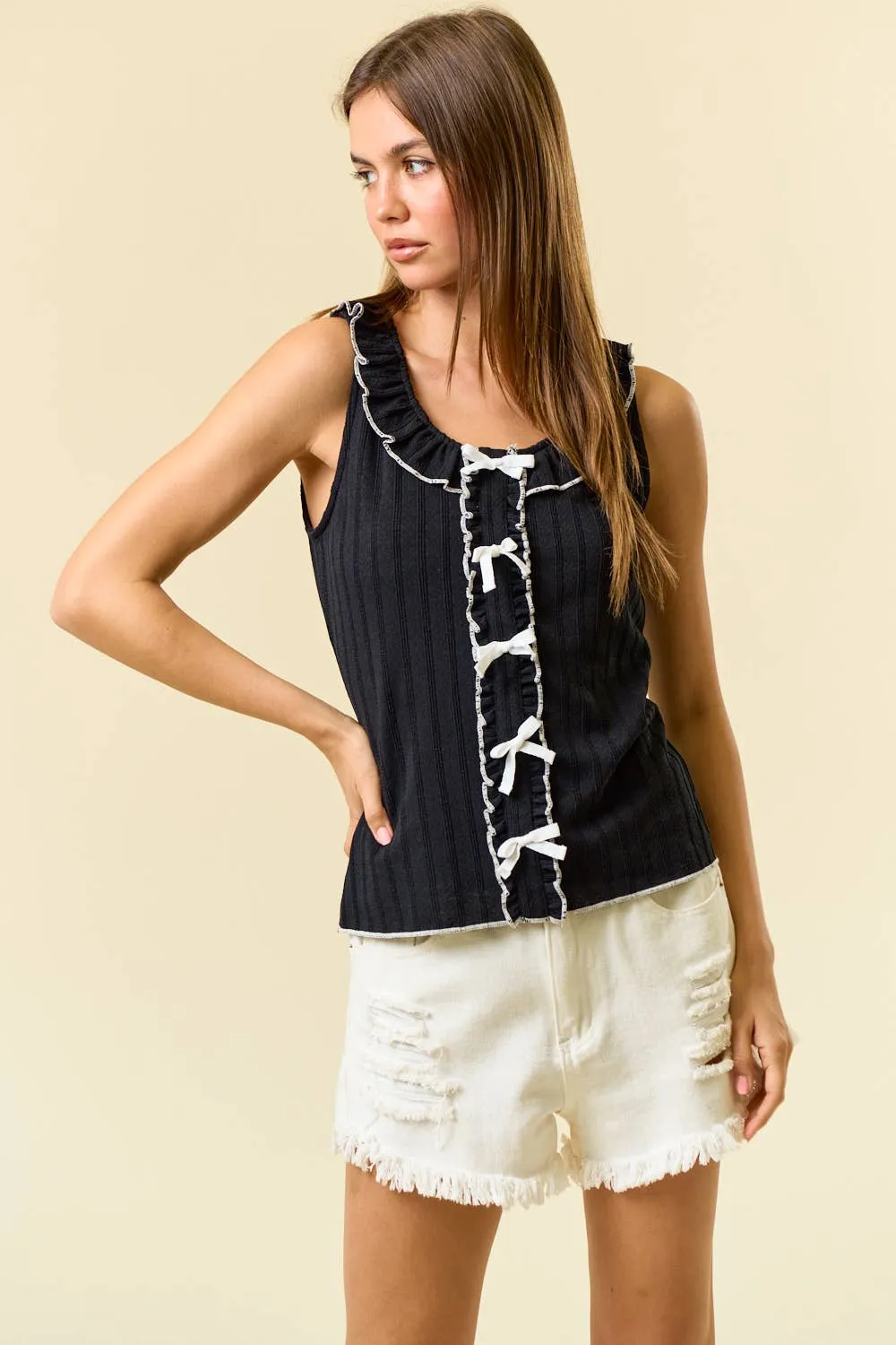 Textured Knit Top W/ Contrast Lettuce Edge