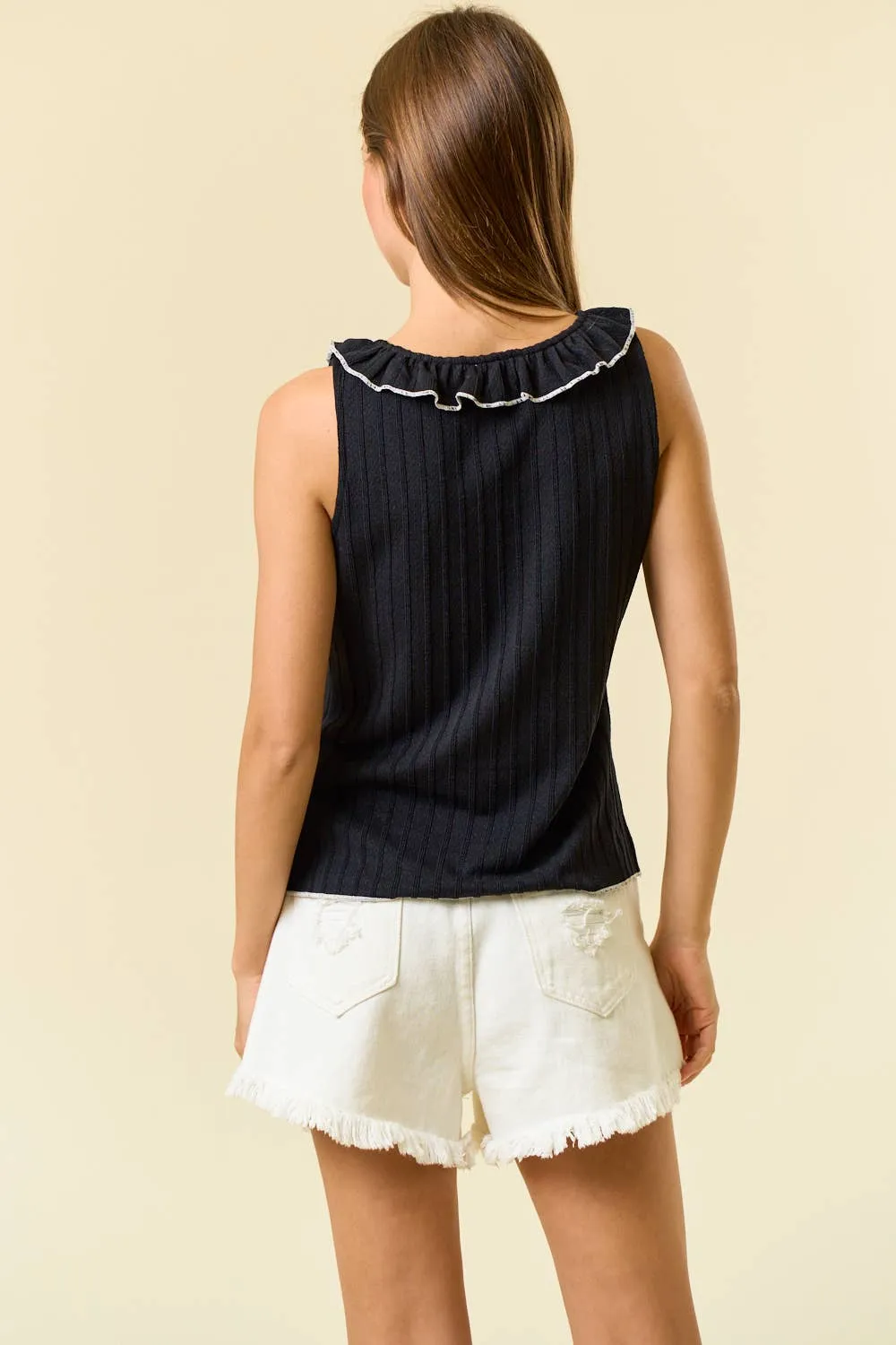 Textured Knit Top W/ Contrast Lettuce Edge