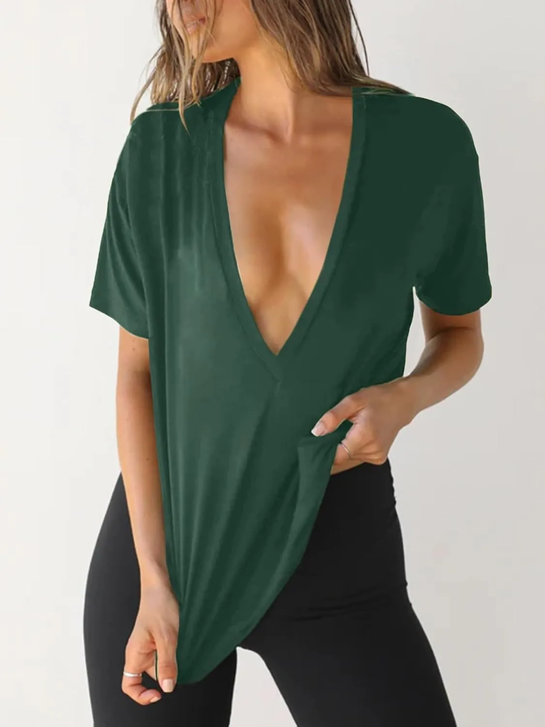 UNCLECAT Womens Deep V-Neck T Shirts Sexy Short Sleeve Tops Summer Oversized Tee