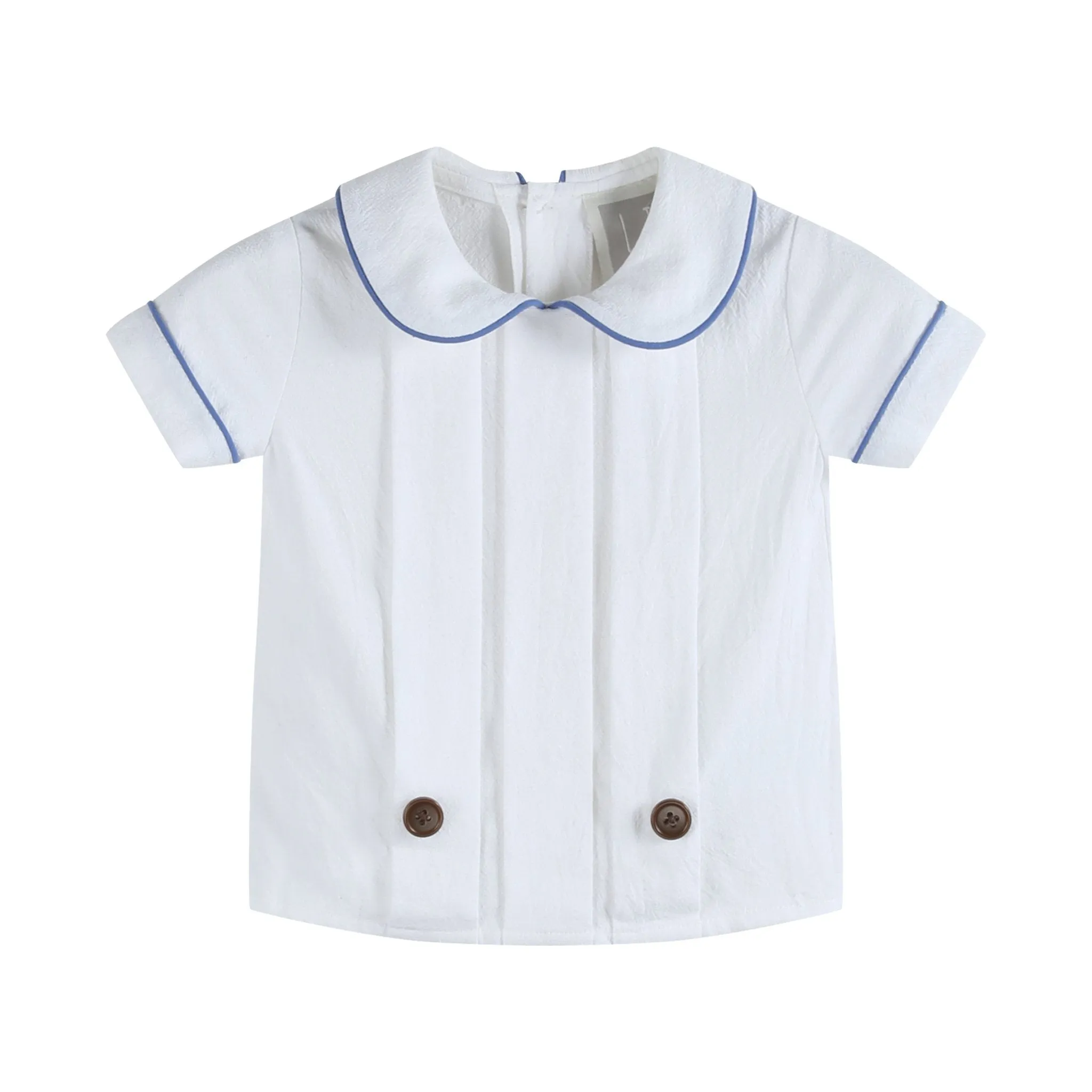 White Collared Top and Blue Button Shorts