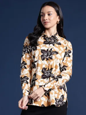 Women Beige & Mustard Floral Print Pure Cotton Boyfriend Fit Casual Shirt
