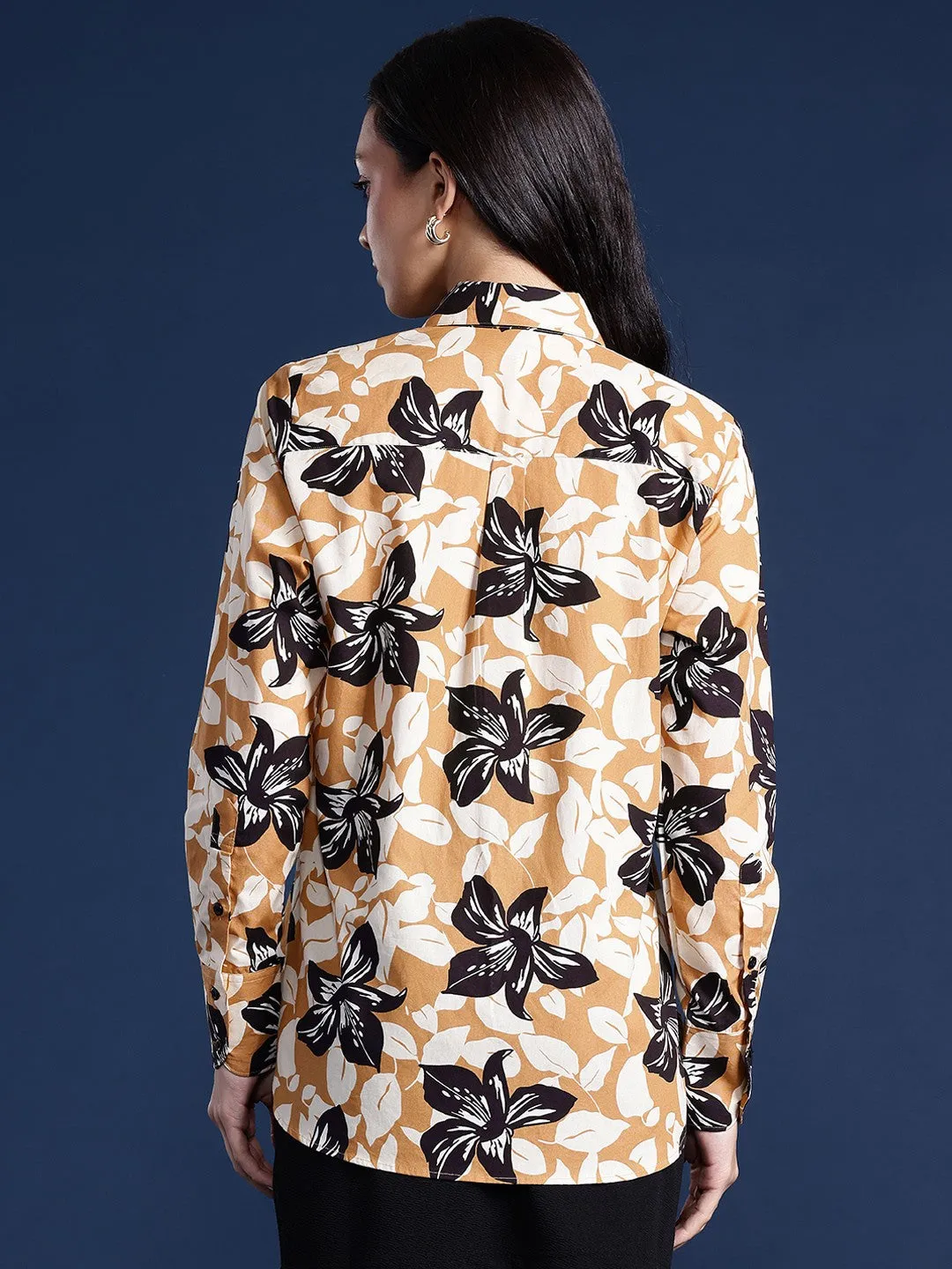 Women Beige & Mustard Floral Print Pure Cotton Boyfriend Fit Casual Shirt