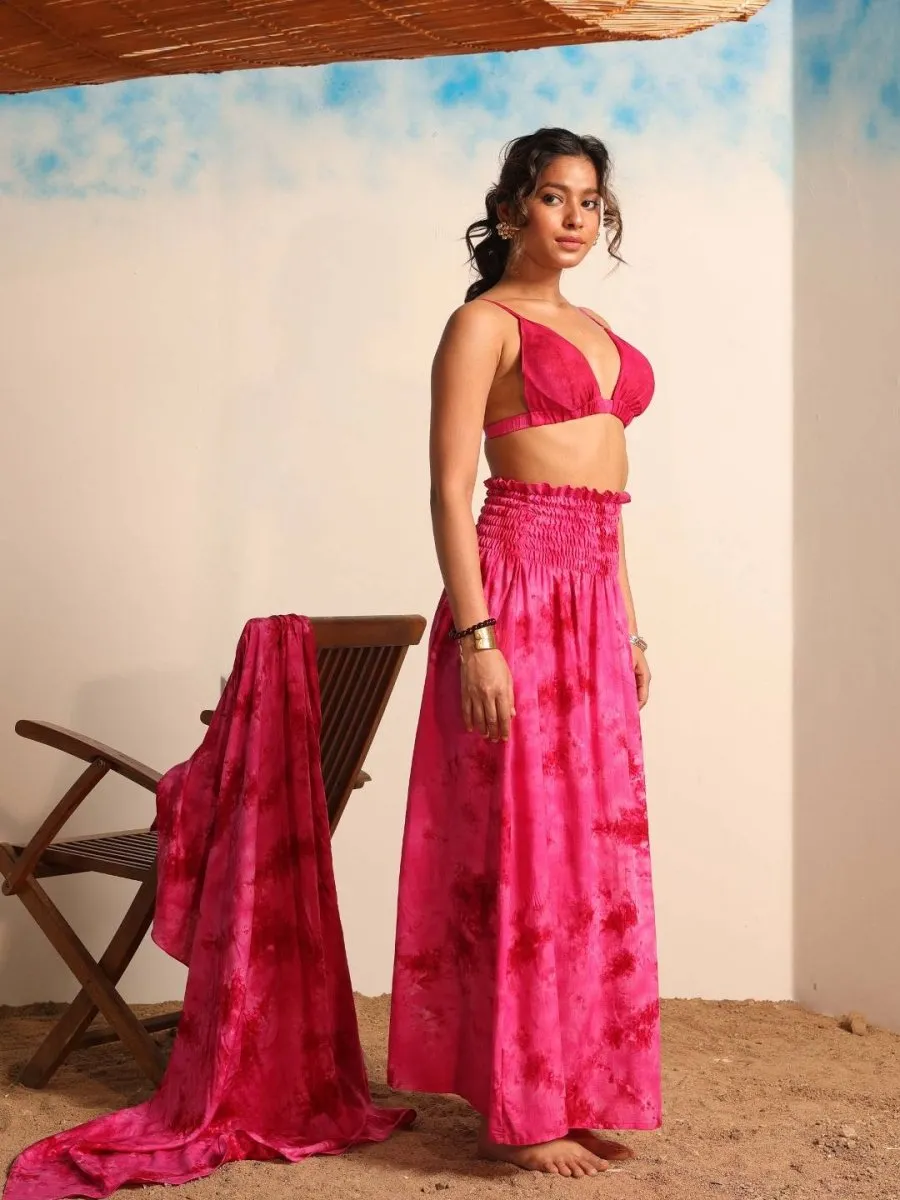 Women pink Tie & Dye Beachwear Skirt Set