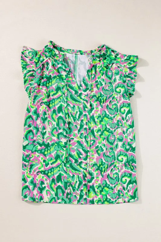 Women Ruffled Trim Tied Split Neck Tank Top