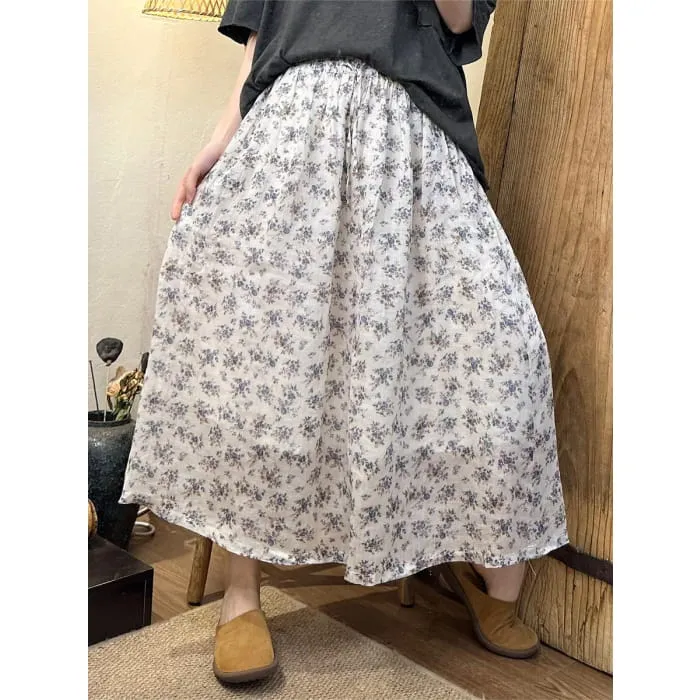 Women Summer Artsy Floral Dual-layer Ramie Skirt BN1041