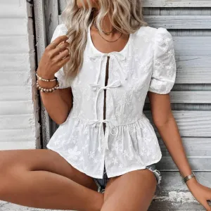 Womens Blouse  Lace Embroidery  Puff Sleeve  Tie Front  Flared Fit