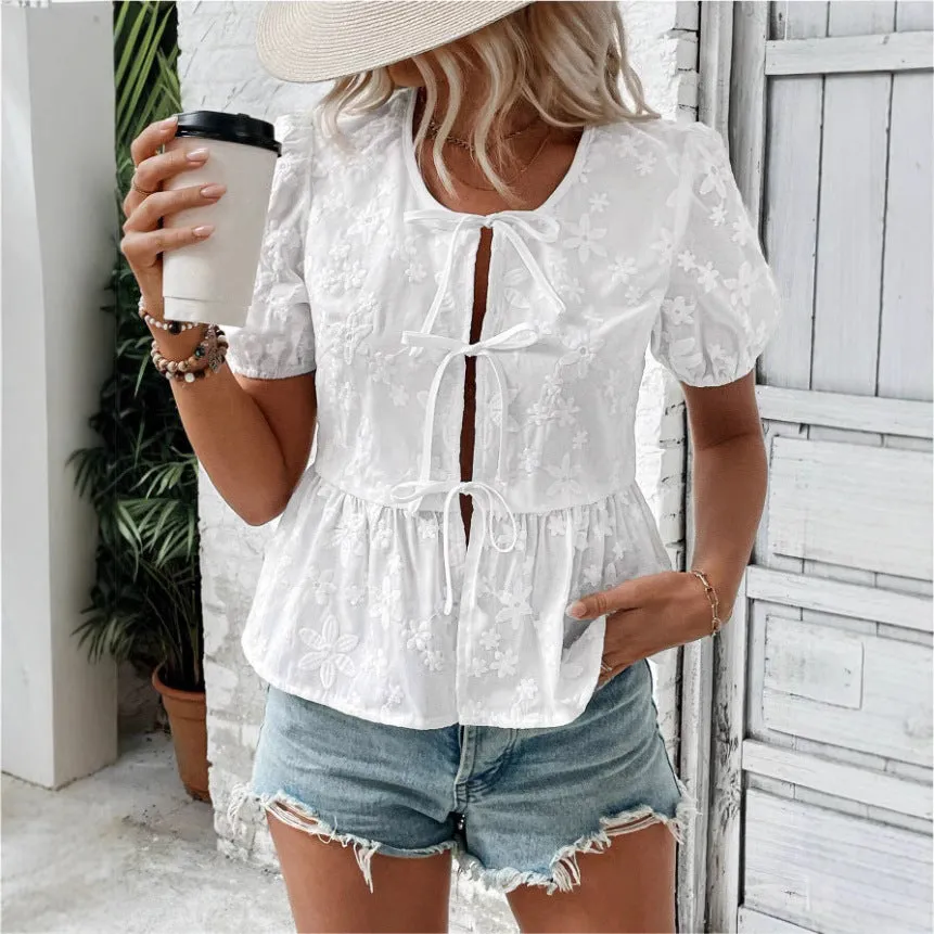 Womens Blouse  Lace Embroidery  Puff Sleeve  Tie Front  Flared Fit