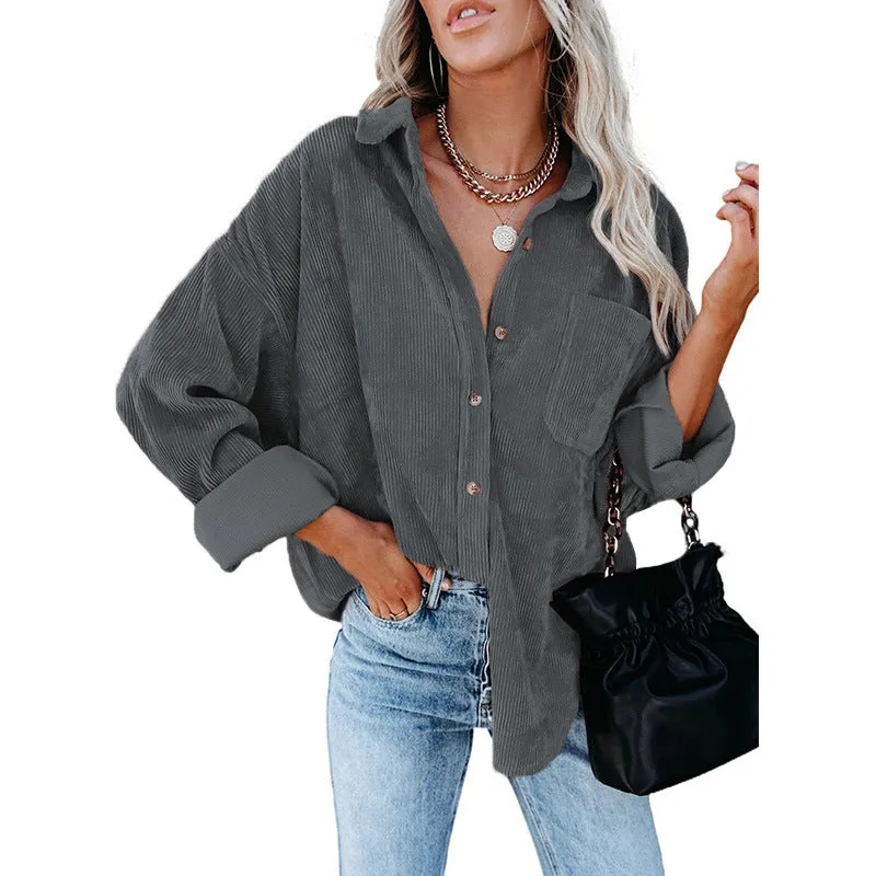 Womens Corduroy Shirts Casual Long Sleeve Button Down Blouses Tops