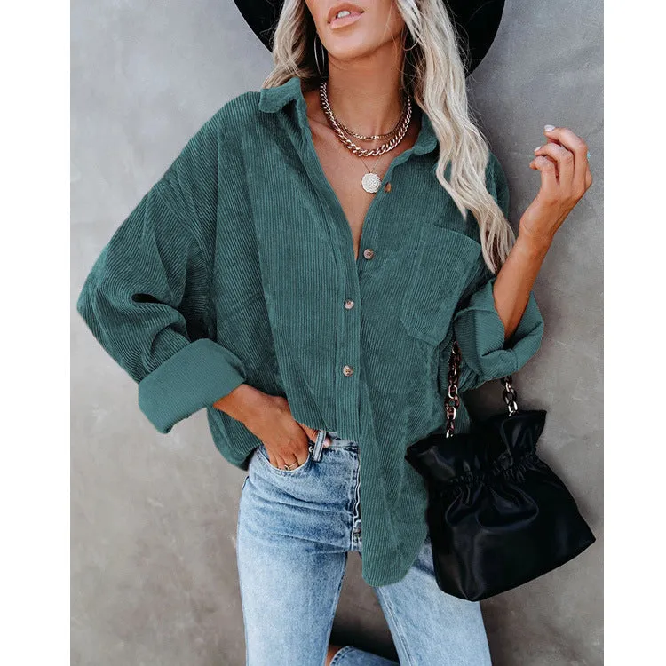 Womens Corduroy Shirts Casual Long Sleeve Button Down Blouses Tops