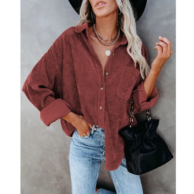 Womens Corduroy Shirts Casual Long Sleeve Button Down Blouses Tops