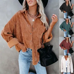 Womens Corduroy Shirts Casual Long Sleeve Button Down Blouses Tops