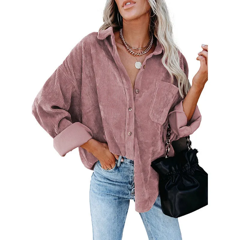 Womens Corduroy Shirts Casual Long Sleeve Button Down Blouses Tops