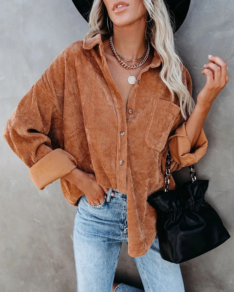 Womens Corduroy Shirts Casual Long Sleeve Button Down Blouses Tops