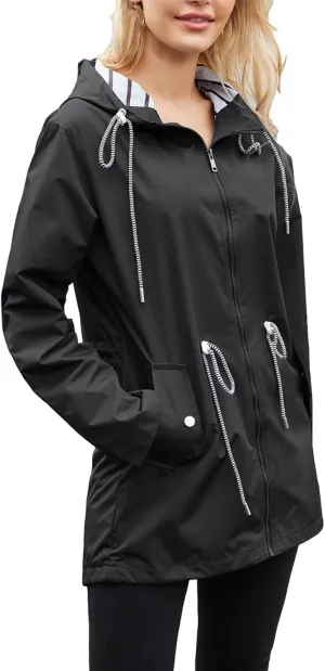 Women's Lightweight Hooded Waterproof Jacket Long Sleeve Oversized Outdoor Windbreaker Mid-Length Hooded Rain Coat