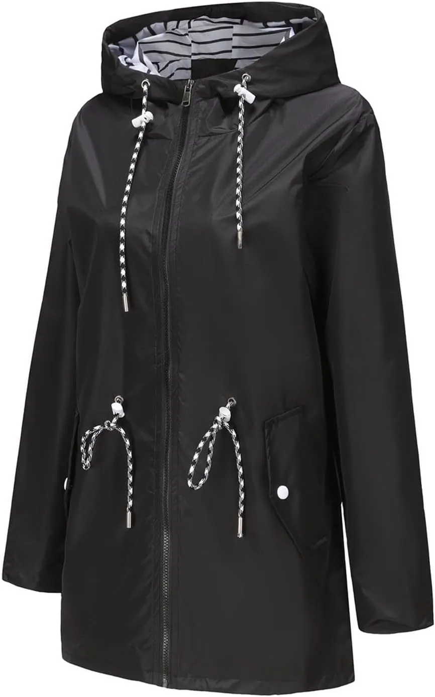 Women's Lightweight Hooded Waterproof Jacket Long Sleeve Oversized Outdoor Windbreaker Mid-Length Hooded Rain Coat