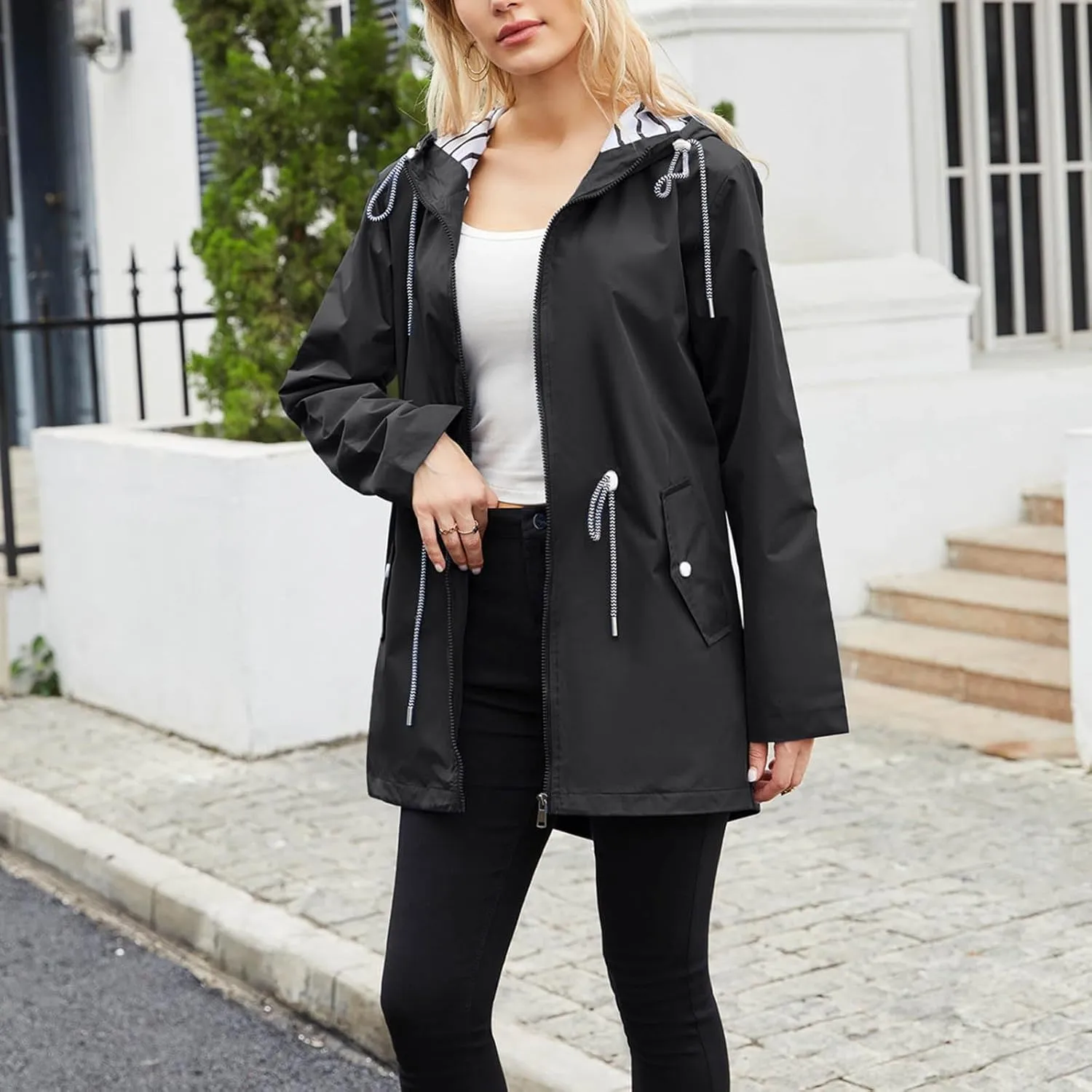Women's Lightweight Hooded Waterproof Jacket Long Sleeve Oversized Outdoor Windbreaker Mid-Length Hooded Rain Coat