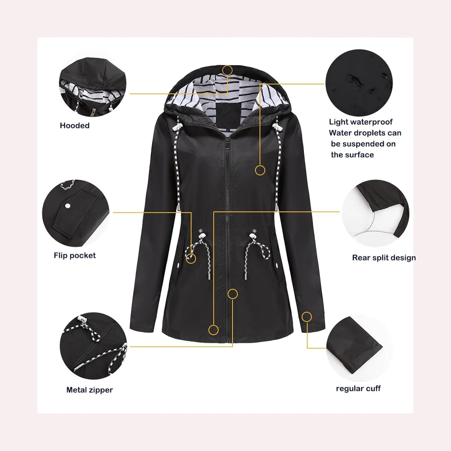 Women's Lightweight Hooded Waterproof Jacket Long Sleeve Oversized Outdoor Windbreaker Mid-Length Hooded Rain Coat