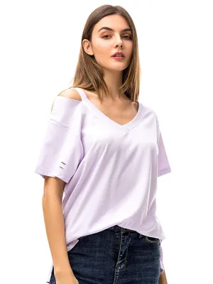 Womens V Neck T Shirts Loose Fitting Short Sleeve Cotton Cold Shoulder Casual Tops