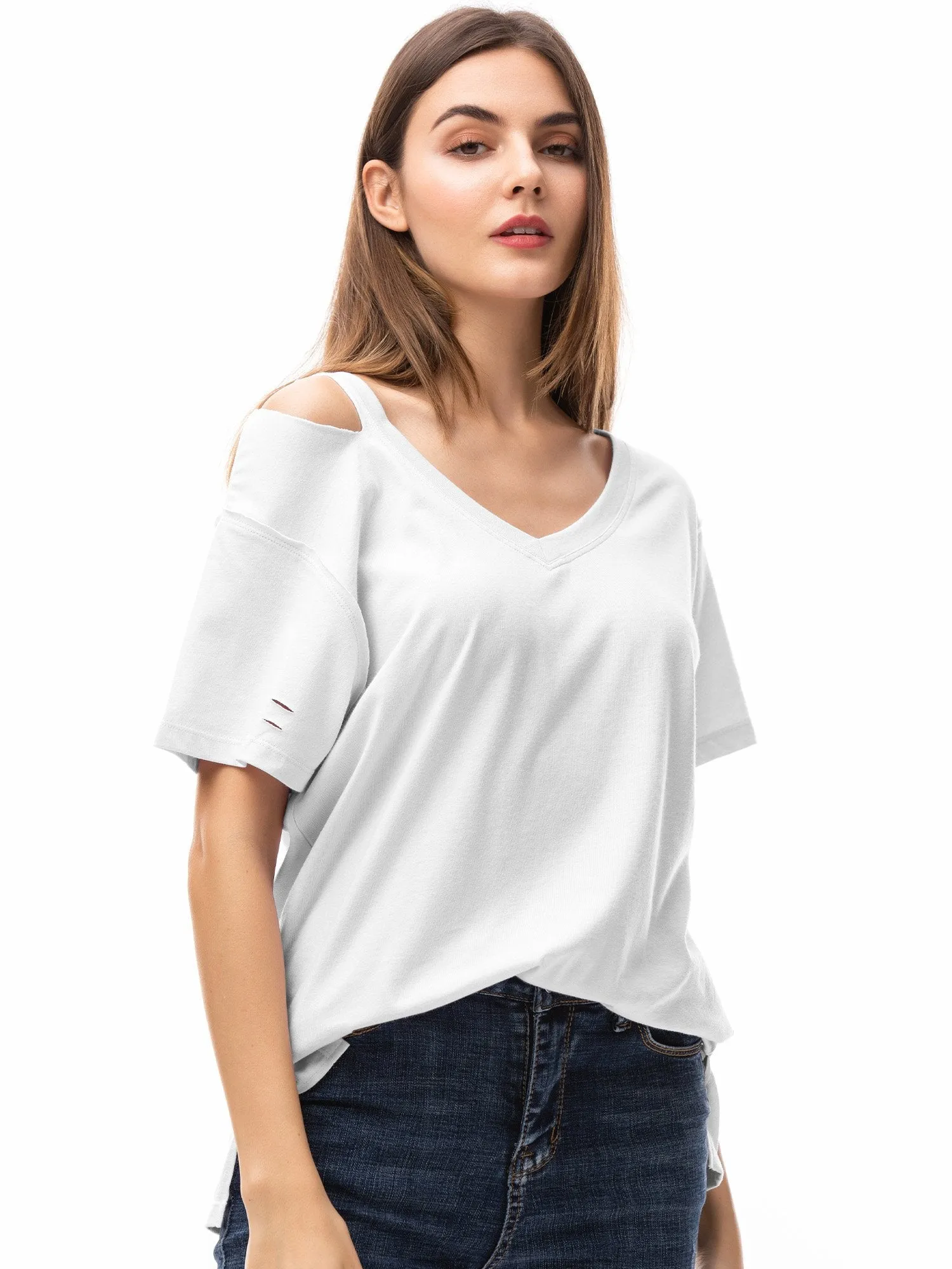 Womens V Neck T Shirts Loose Fitting Short Sleeve Cotton Cold Shoulder Casual Tops