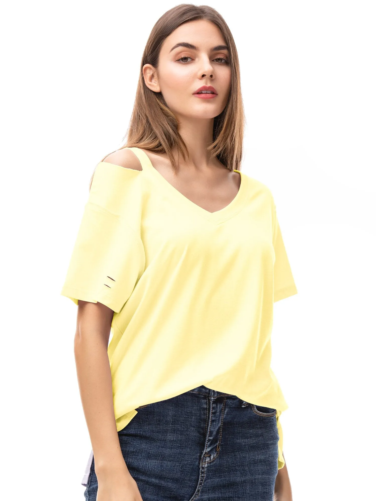 Womens V Neck T Shirts Loose Fitting Short Sleeve Cotton Cold Shoulder Casual Tops