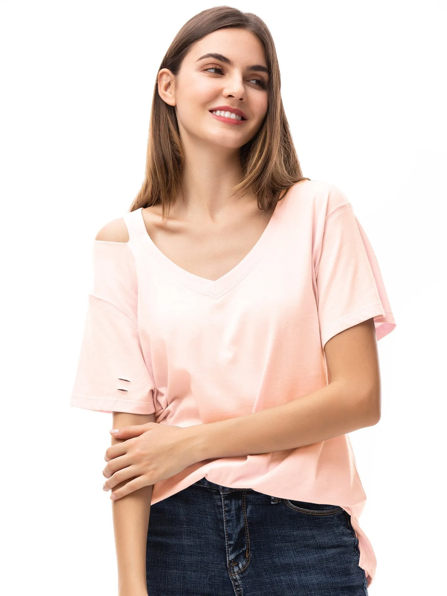 Womens V Neck T Shirts Loose Fitting Short Sleeve Cotton Cold Shoulder Casual Tops