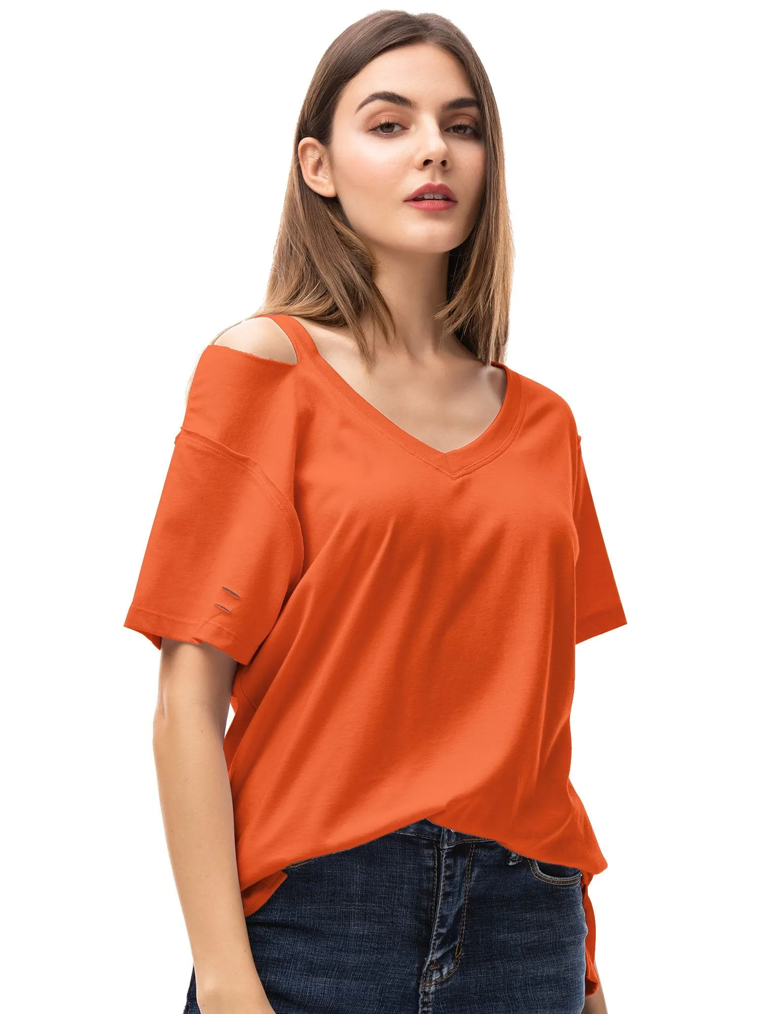 Womens V Neck T Shirts Loose Fitting Short Sleeve Cotton Cold Shoulder Casual Tops