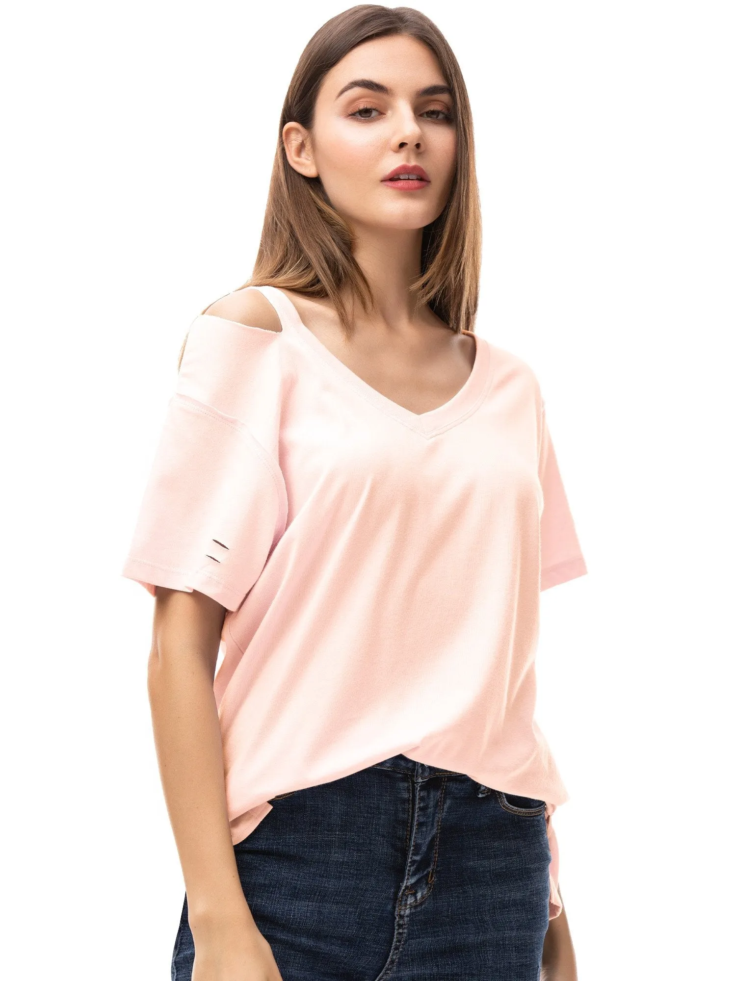 Womens V Neck T Shirts Loose Fitting Short Sleeve Cotton Cold Shoulder Casual Tops