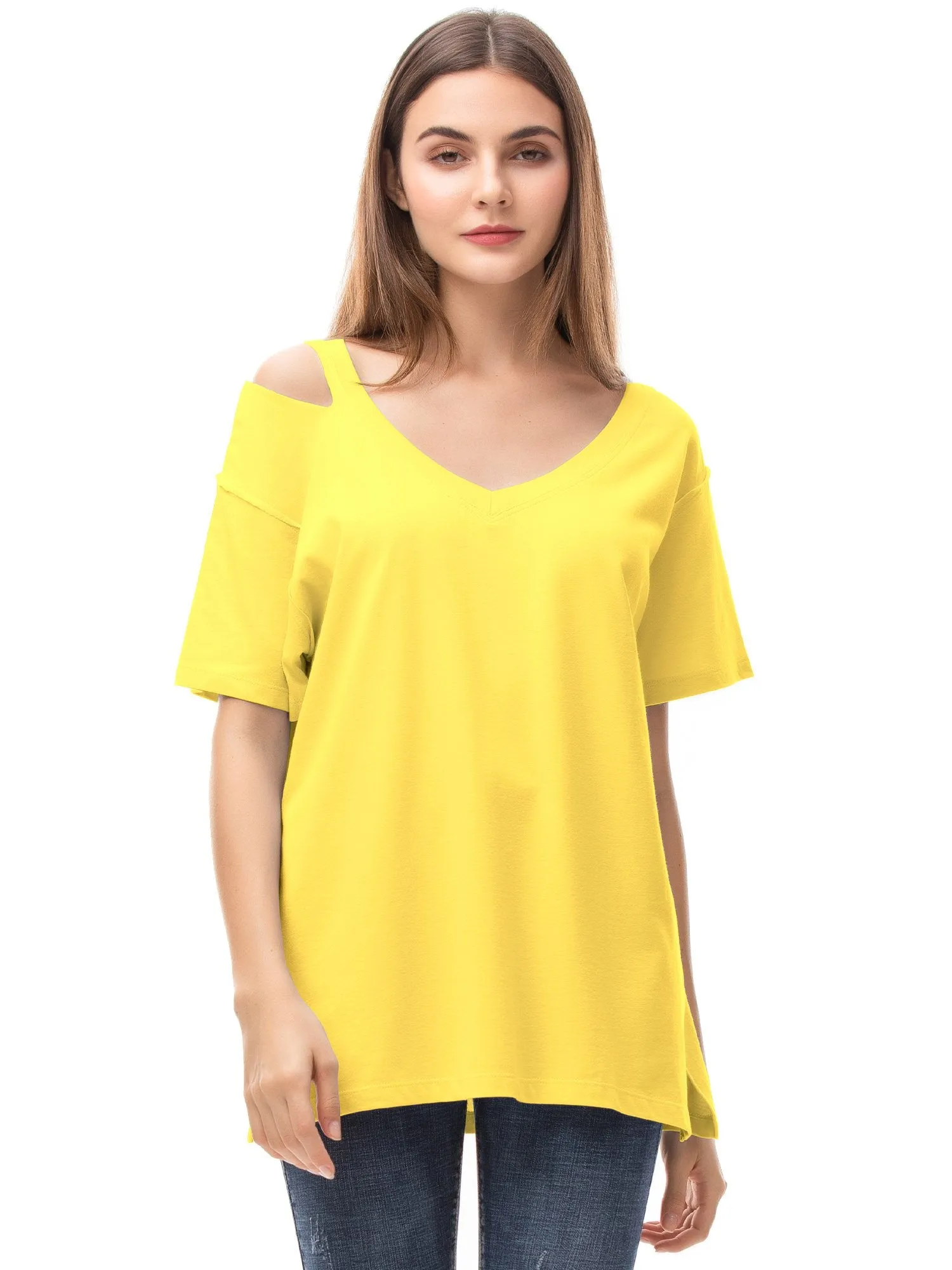 Womens V Neck T Shirts Loose Fitting Short Sleeve Cotton Cold Shoulder Casual Tops